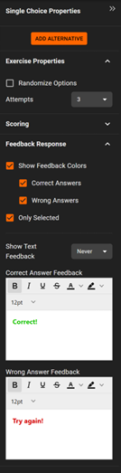 Single choice task options in the right panel menu